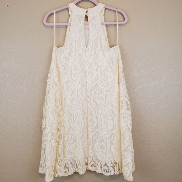 Altar'd State Cream Floral Lace High Neck Halter Tunic Swing Lined Mini Dress - Picture 2 of 5
